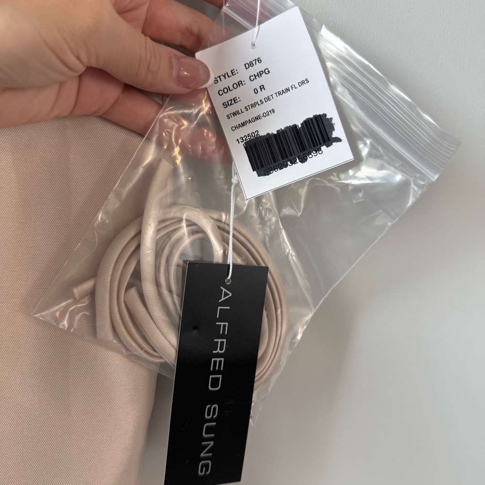 Alfred Sung D876 Strapless Gown Removable Watteau Train Champagne 0 - Picture 3 of 8
